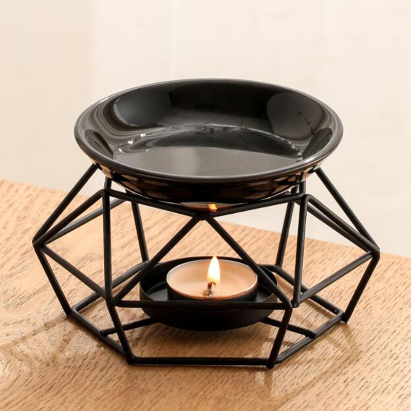 Home Fragrance Use - エッセンシャルオイルバーナーセラミックアイアン,ブラックカラー,ポリゴンボウル,キャンドルホルダー,オイルランプ,フレグランス香炉,寝室での使用,家の装飾